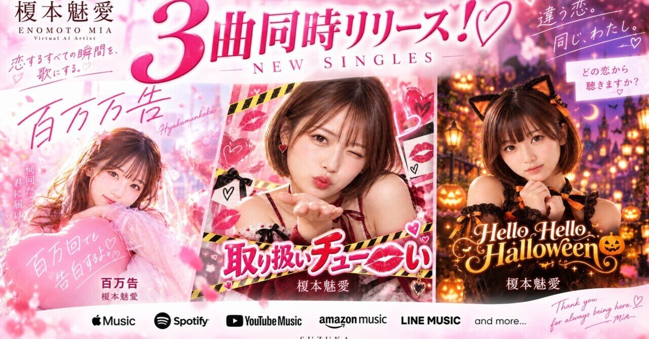 榎本魅愛「百万告」「取り扱いチューい」「Hello Hello Halloween」3曲同時リリース 公式ビジュアル