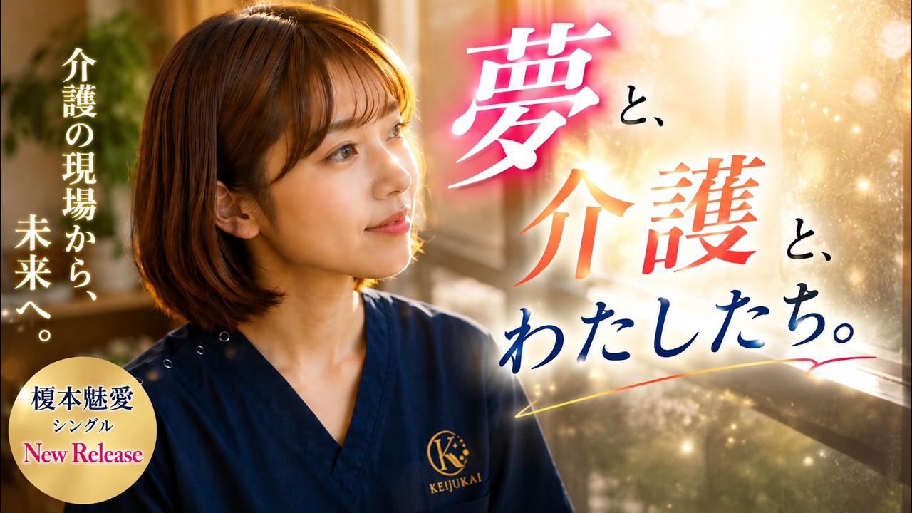 紺色のスクラブ姿の榎本魅愛を描いた「夢と、介護と、私たち。」公式ビジュアル
